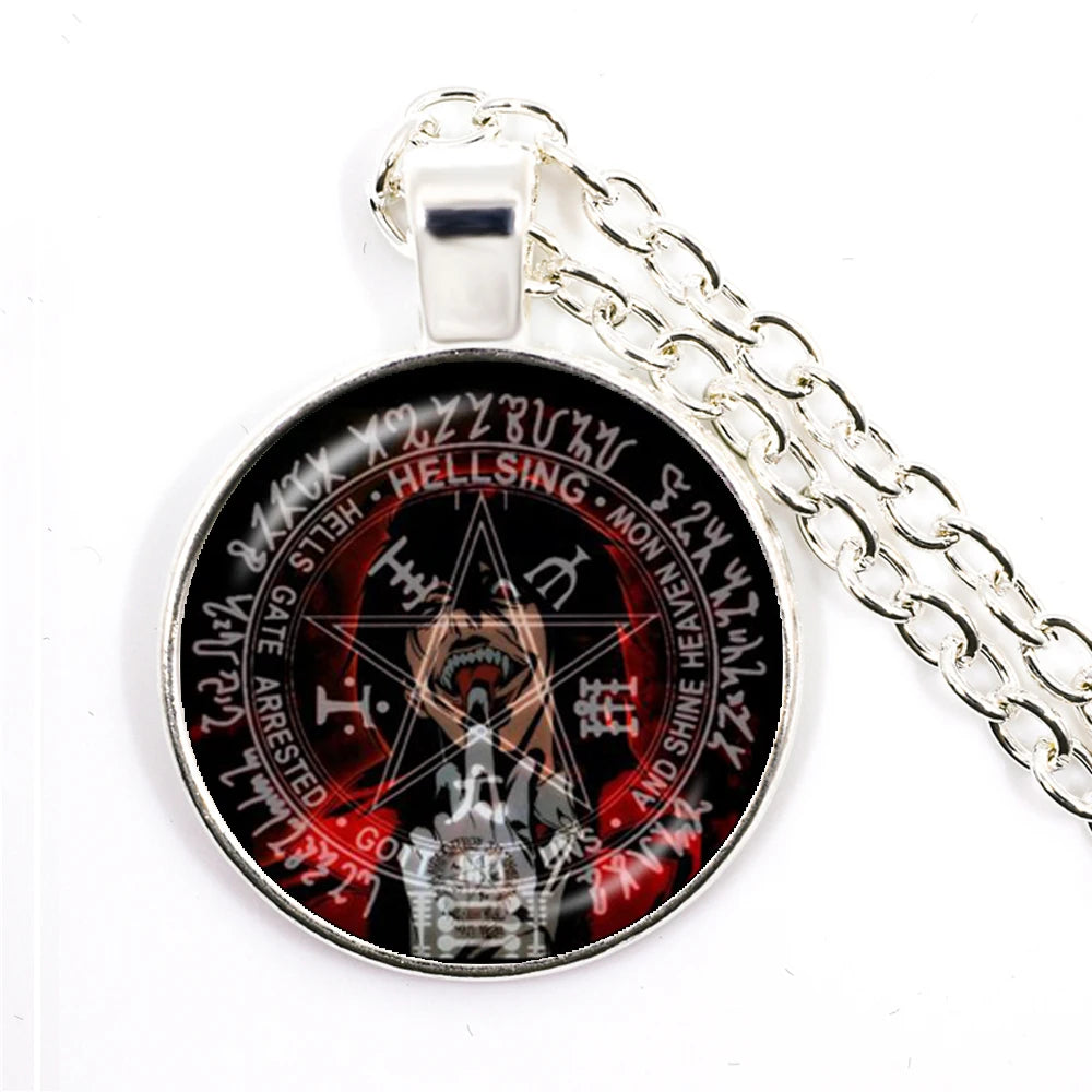 Necklace with pendant featuring a circular design with text and a silhouette of a person, on a white background.