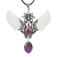 Necklace with angel wings and purple stones on a white background