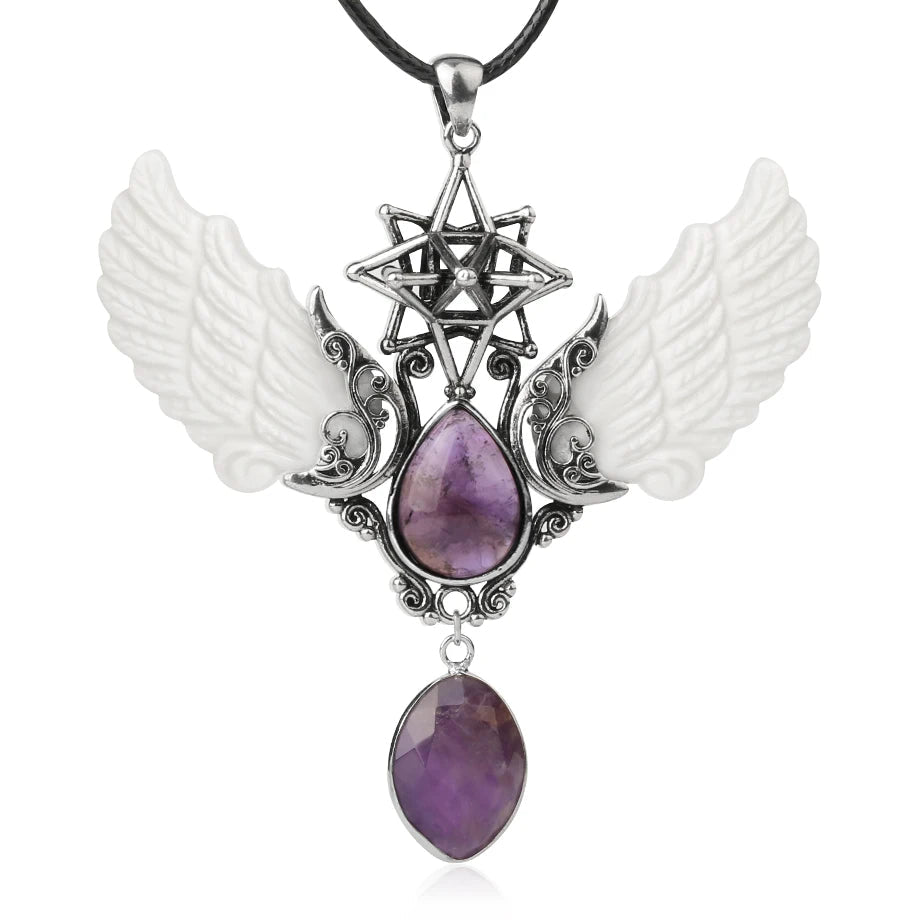Necklace with angel wings and purple stones on a white background