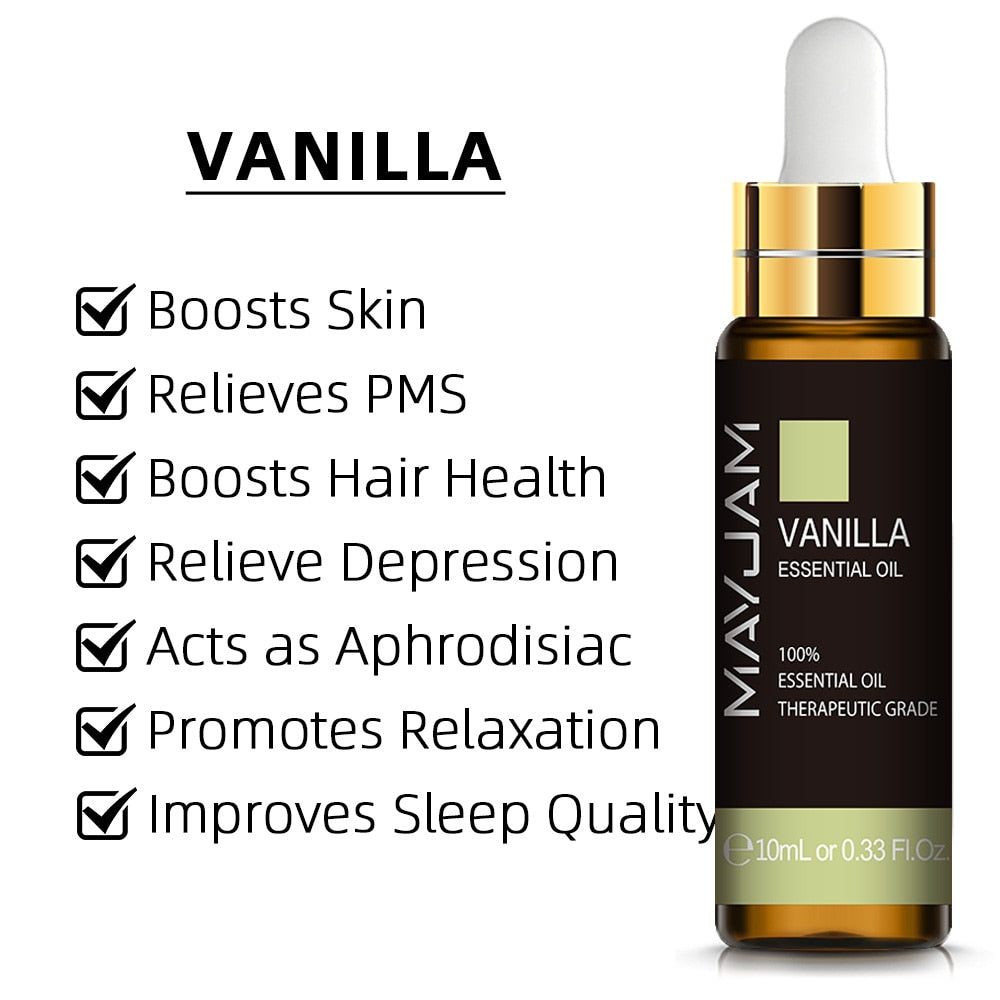 MayuJam Vanilla Essential Oil bottle with listed benefits on a white background