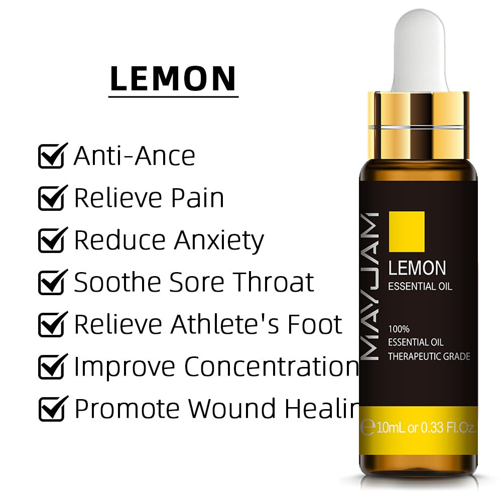 Mayuam Lemon Essential Oil bottle with listed benefits on a white background