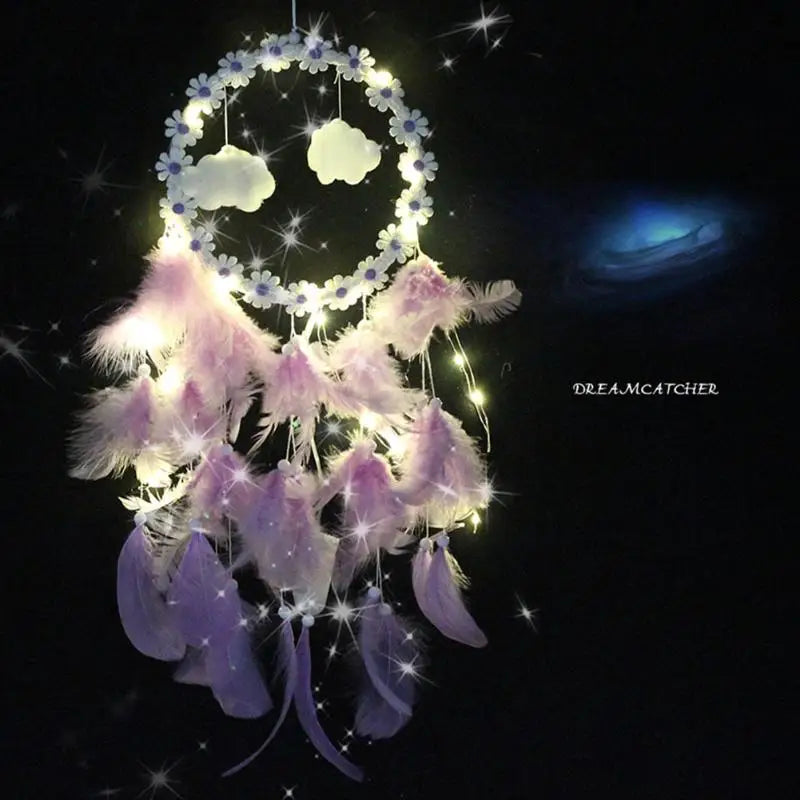 Decorative dreamcatcher with feathers and lights against a dark background