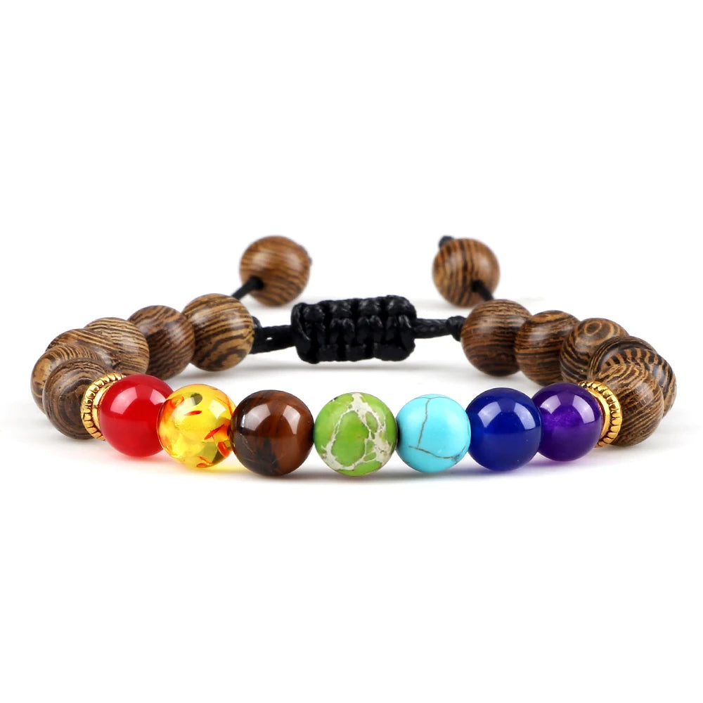 Multicolored beaded bracelet with wooden beads on a white background