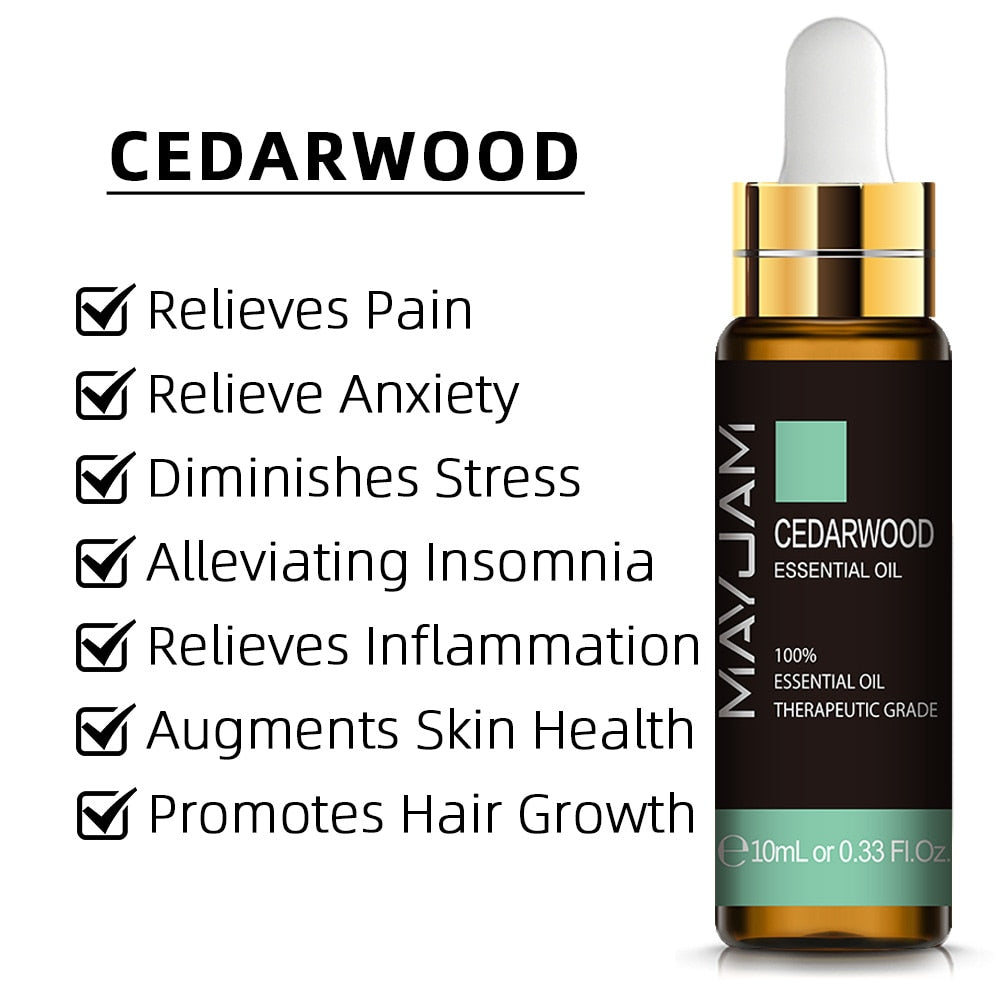 Mayuam Cedarwood essential oil bottle with listed benefits on a white background