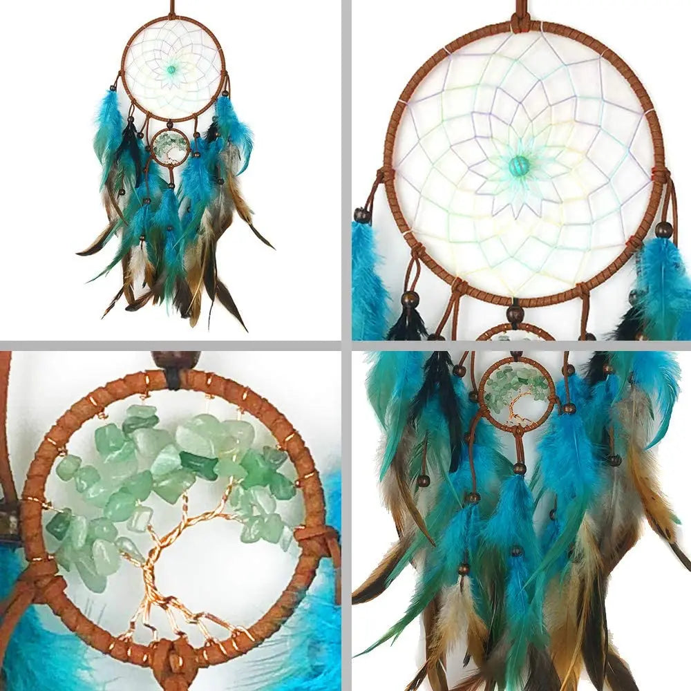 Dreamcatcher with turquoise feathers and green stones on a white background