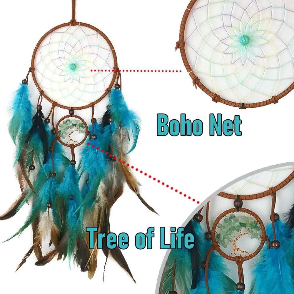 Dreamcatcher with blue feathers and 'Boho Net' text, close-up of design details.