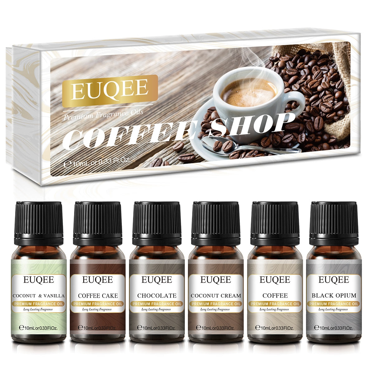 EUQEE coffee-themed essential oil set with packaging featuring a coffee cup and beans.