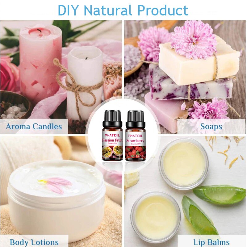 Collage of DIY natural products including candles, soaps, body lotions, and lip balms.