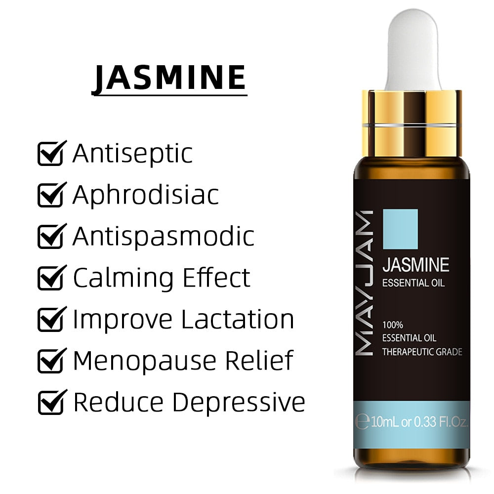 MayJam Jasmine essential oil bottle with listed benefits on a white background
