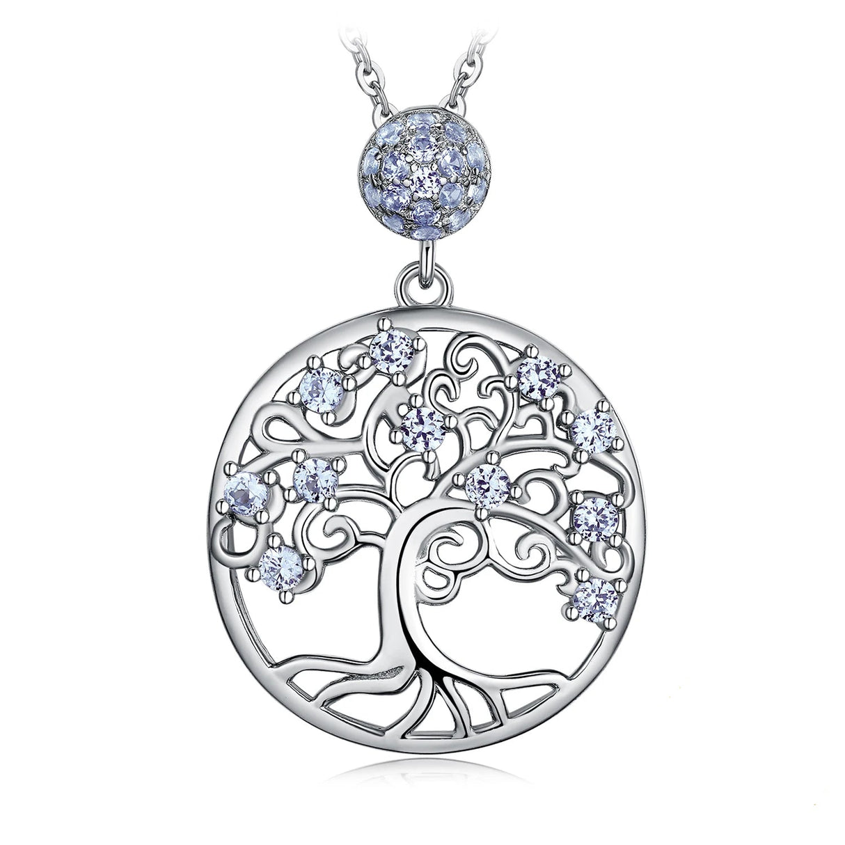 Silver tree of life pendant with gemstones on a white background, featuring 'Jewelry Palace' branding.