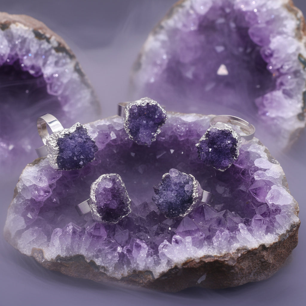 Set of purple crystal jewelry pieces with silver accents on a white background