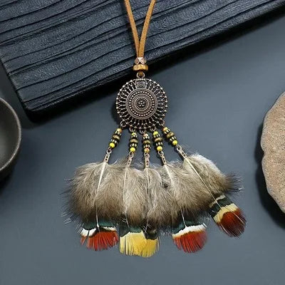 Decorative pendant with feathers on a dark surface