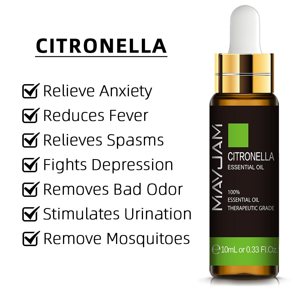 Mayuam Citronella essential oil bottle with listed benefits on a white background