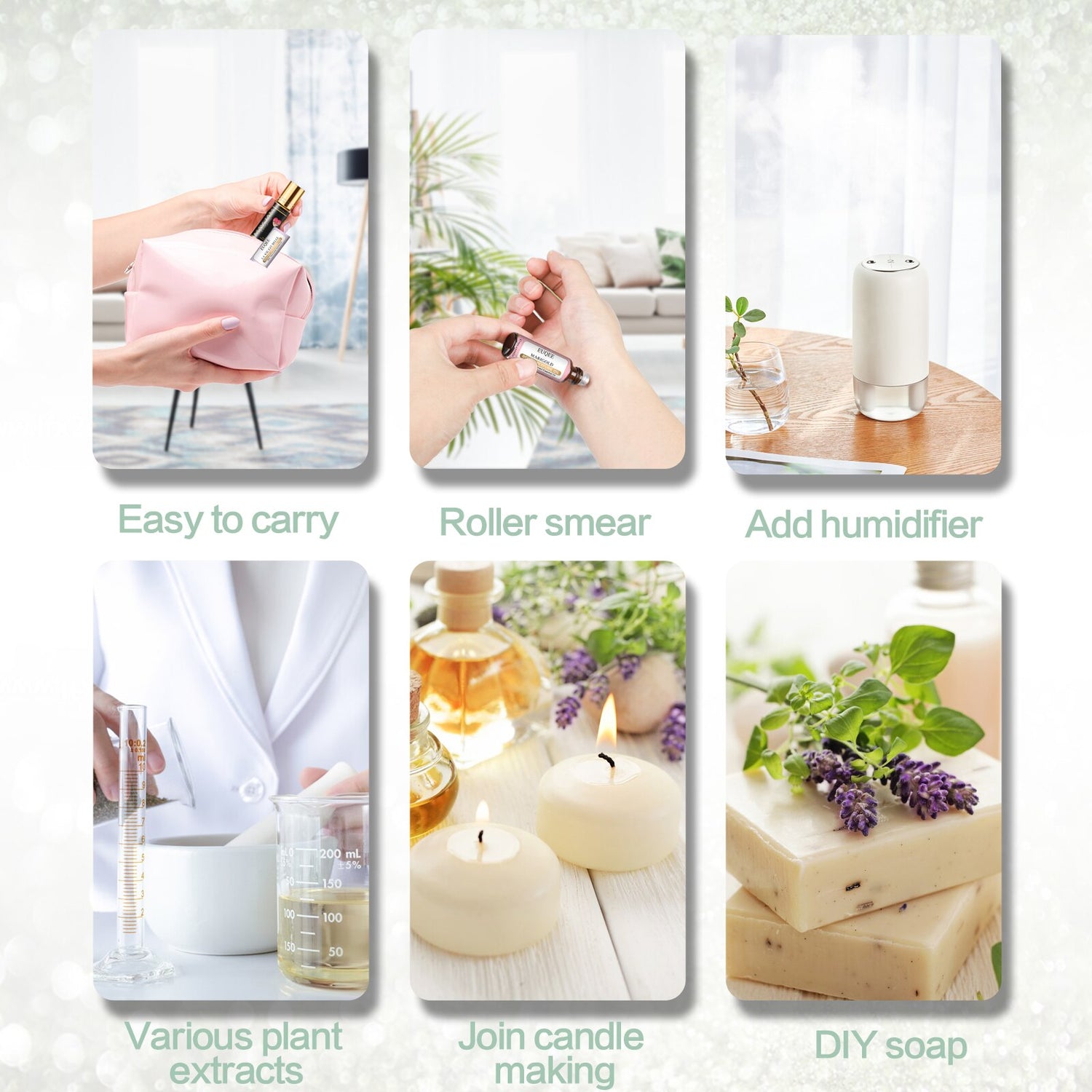 Collage of images showing various uses of a product, including carrying, roller smear, adding humidifier, using plant extracts, candle making, and DIY soap.