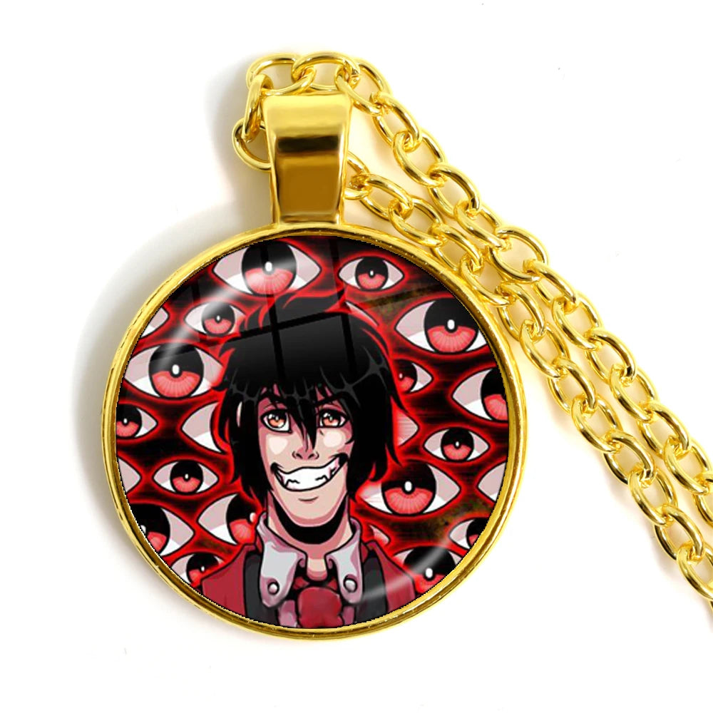 Gold necklace with a pendant featuring an anime character with red eyes and a gold chain.