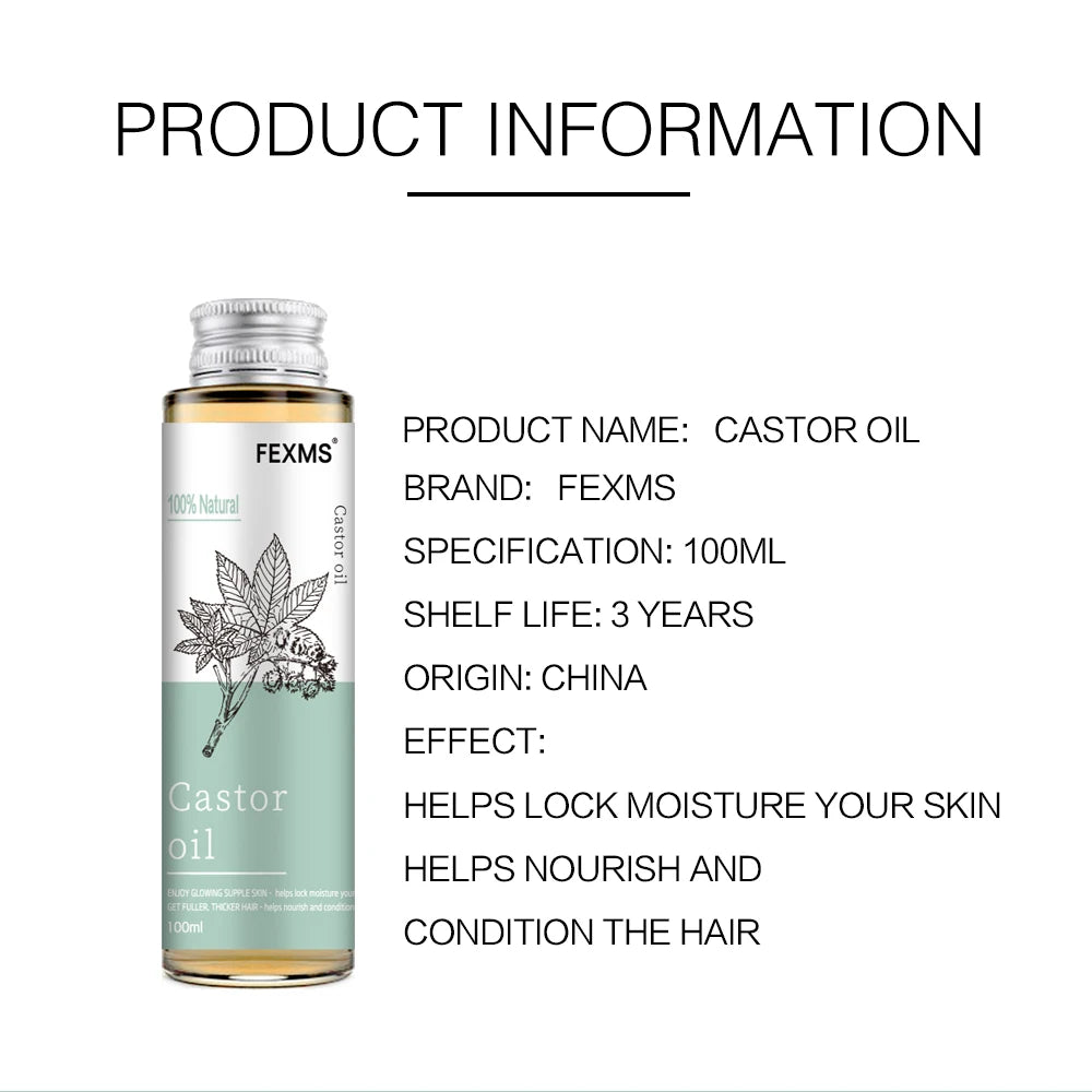 FEXMS castor oil bottle with product information on a white background