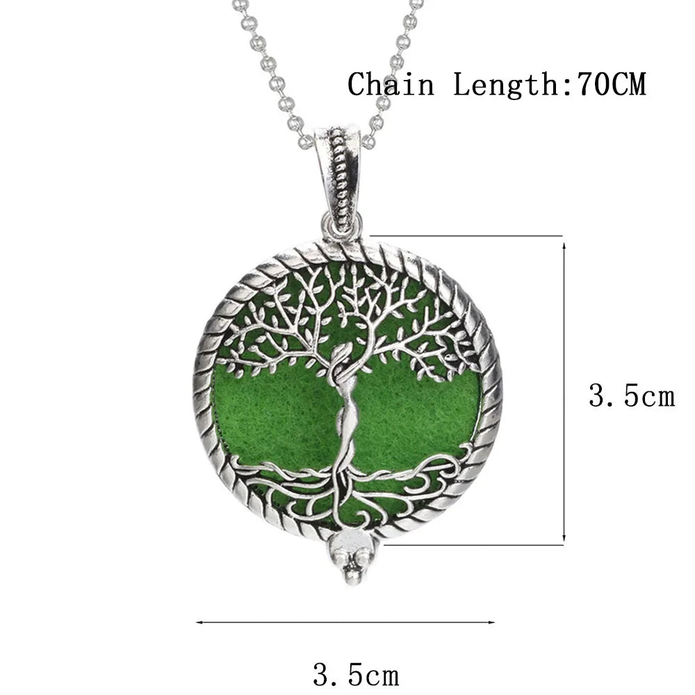 Tree of Life pendant with green background and silver chain, shown with measurements.