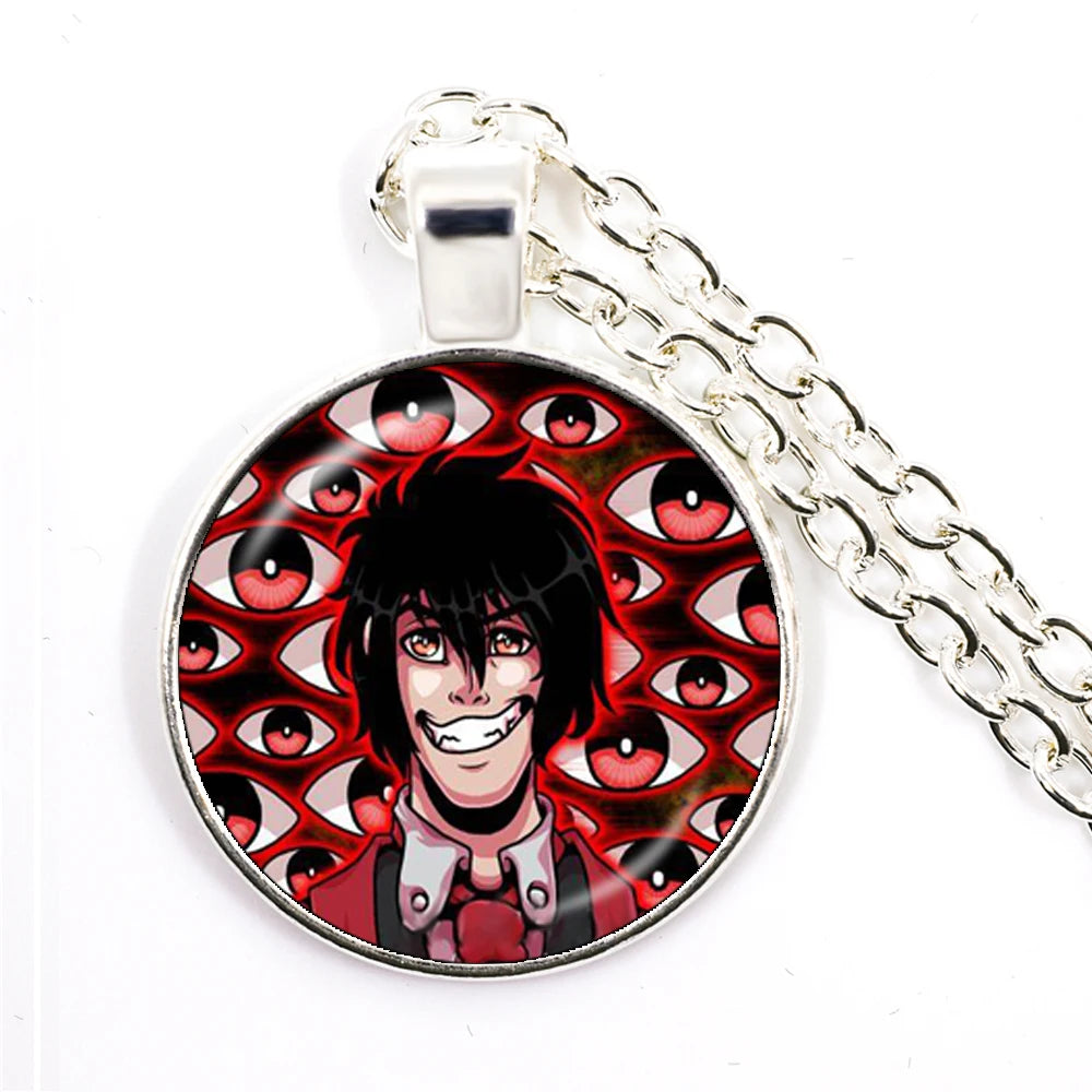 Circular pendant with an anime character design featuring red eyes and a silver chain on a white background.