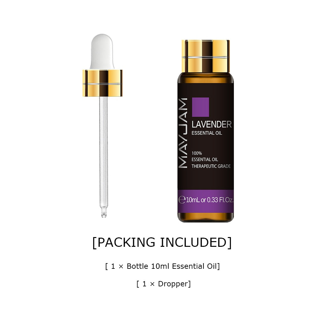 Mayuam lavender essential oil bottle with dropper on a white background