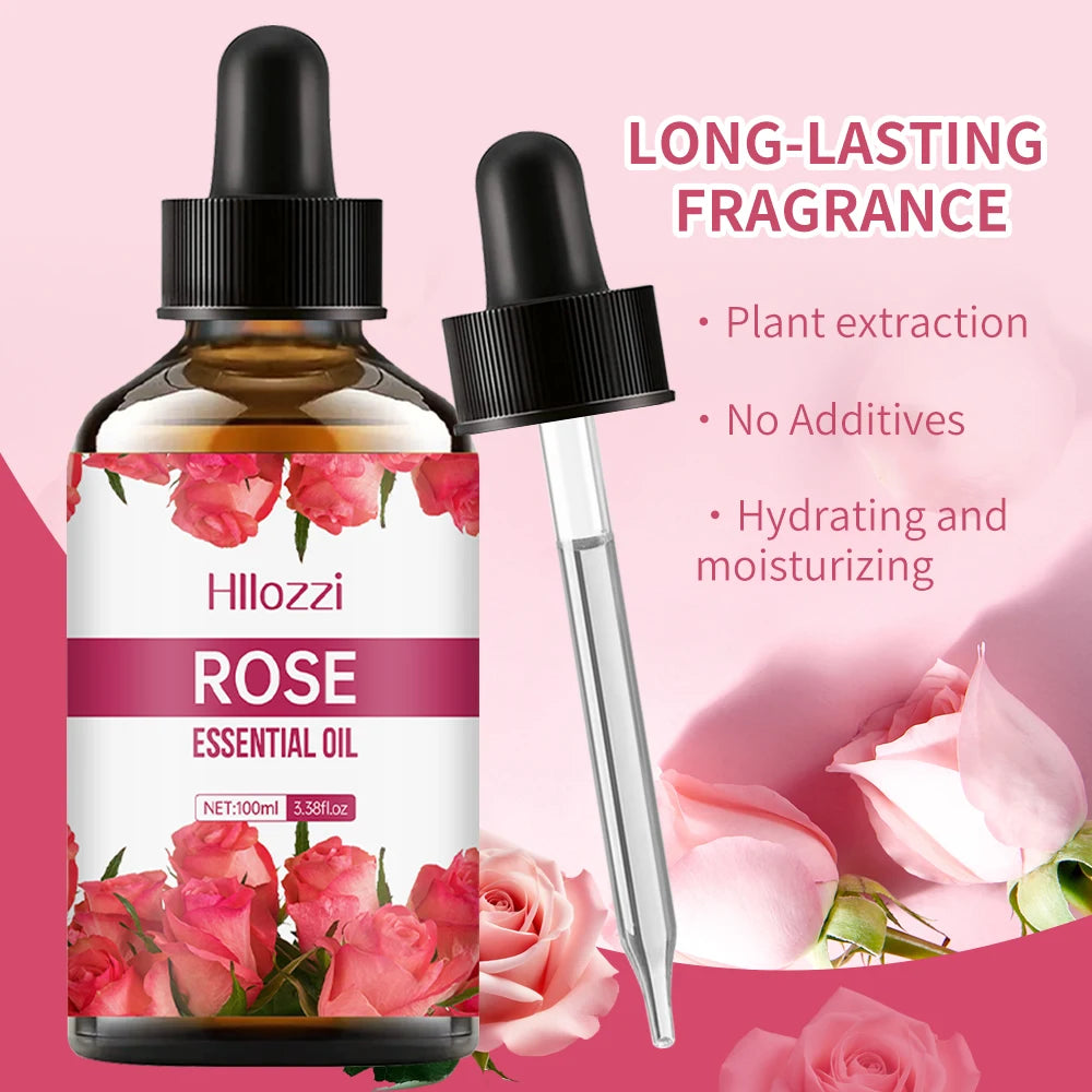 Hllozzi Rose Essential Oil bottle with dropper on a pink background with roses.