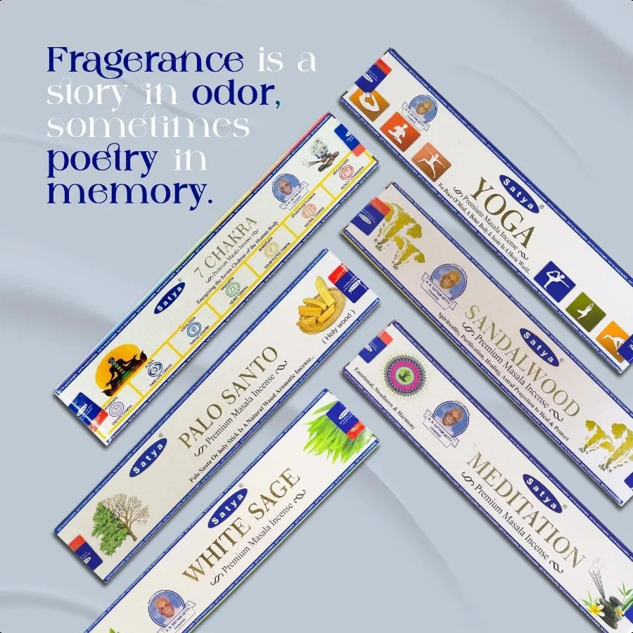 Incense sticks with labels on a light blue background, featuring a quote about fragrance.