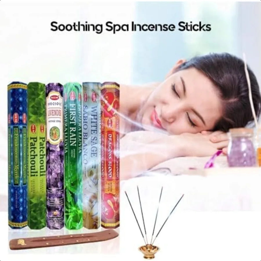 Incense sticks with various scents and a woman relaxing, labeled 'Soothing Spa Incense Sticks'.