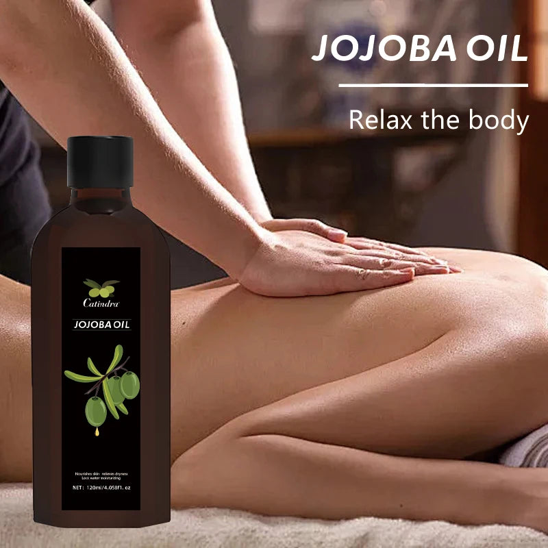 Jojoba oil bottle with person massaging leg, promoting relaxation.