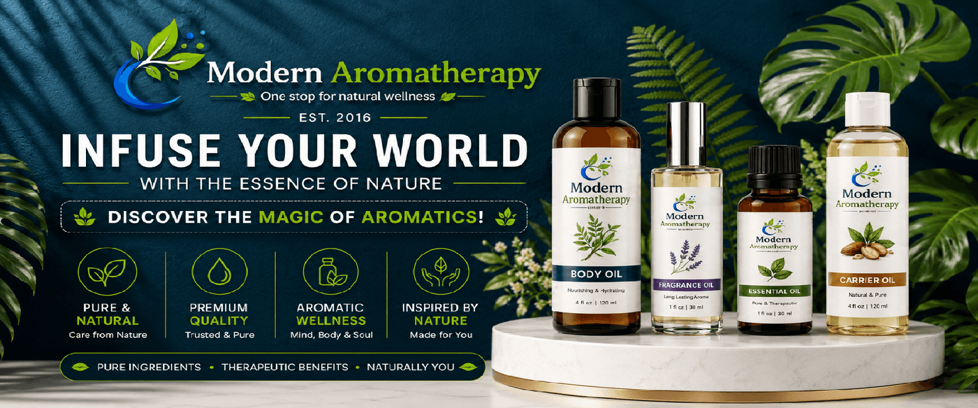 Modern Aromatherapy product display with bottles on a wooden stand against a green leafy background.