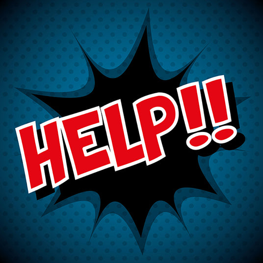 Red 'HELP!!' text in a comic book style speech bubble on a blue background