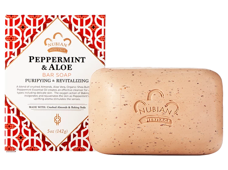 Nubian Heritage Peppermint & Aloe bar soap with packaging on a white background
