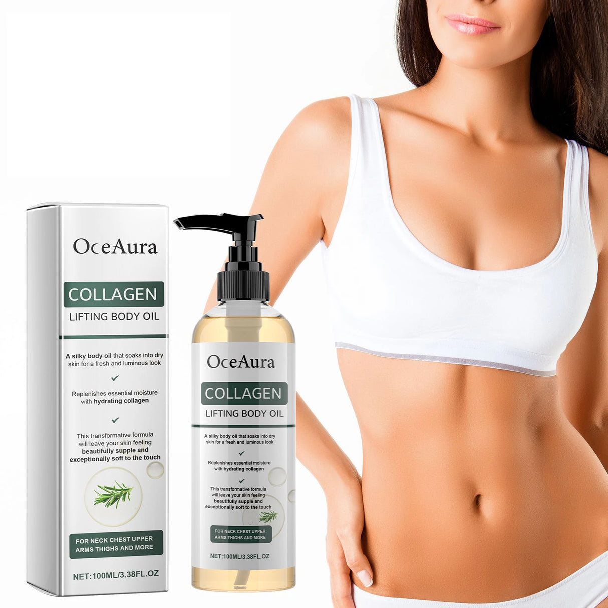 OceAura Collagen Lifting Body Oil with packaging and a model wearing a white bra.
