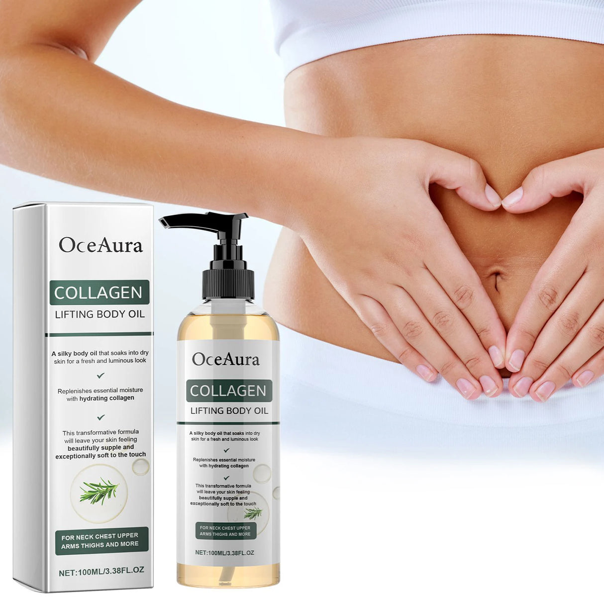 OceAura Collagen Lifting Body Oil with packaging and a person making a heart shape with their hands.