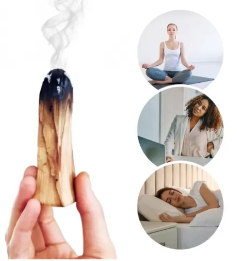 Person holding a wooden matchstick with smoke, surrounded by circular images of people in different activities.