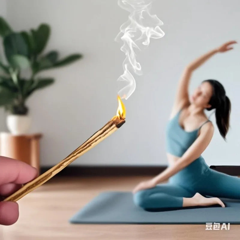 Person lighting a incense with a woman in a yoga pose in the background