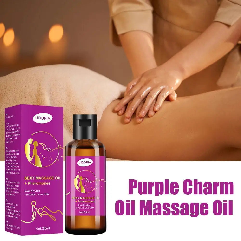 Purple Charm Oil Massage Oil with packaging and a person massaging leg.