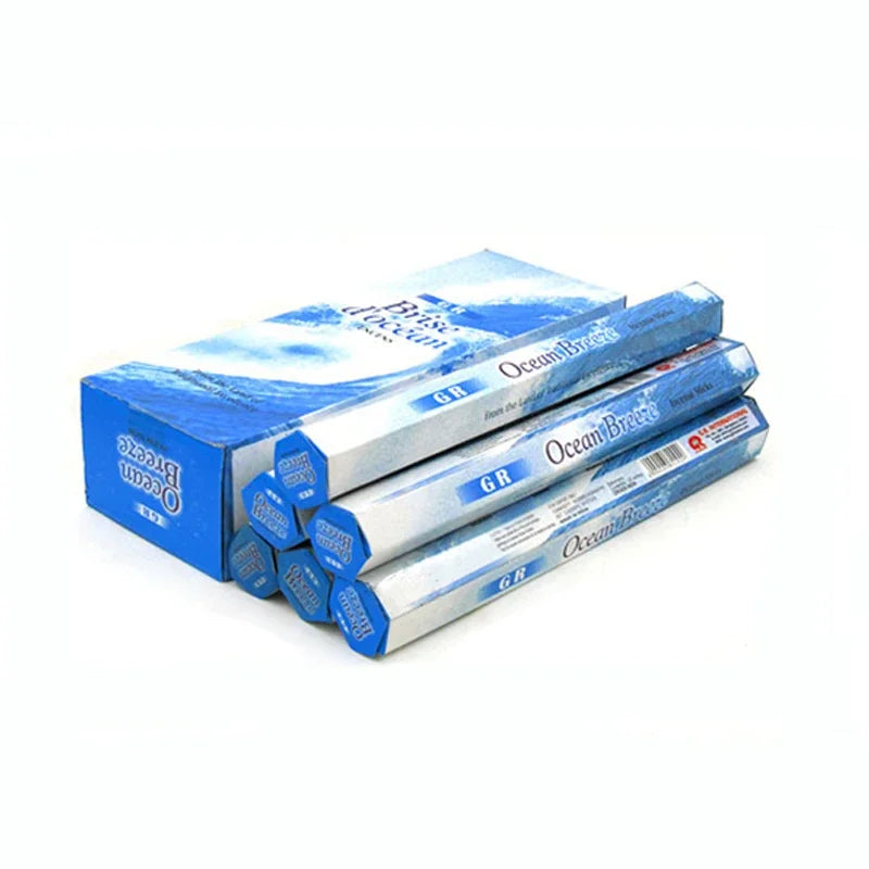 Rolls of Ocean Breeze incense box on a white background