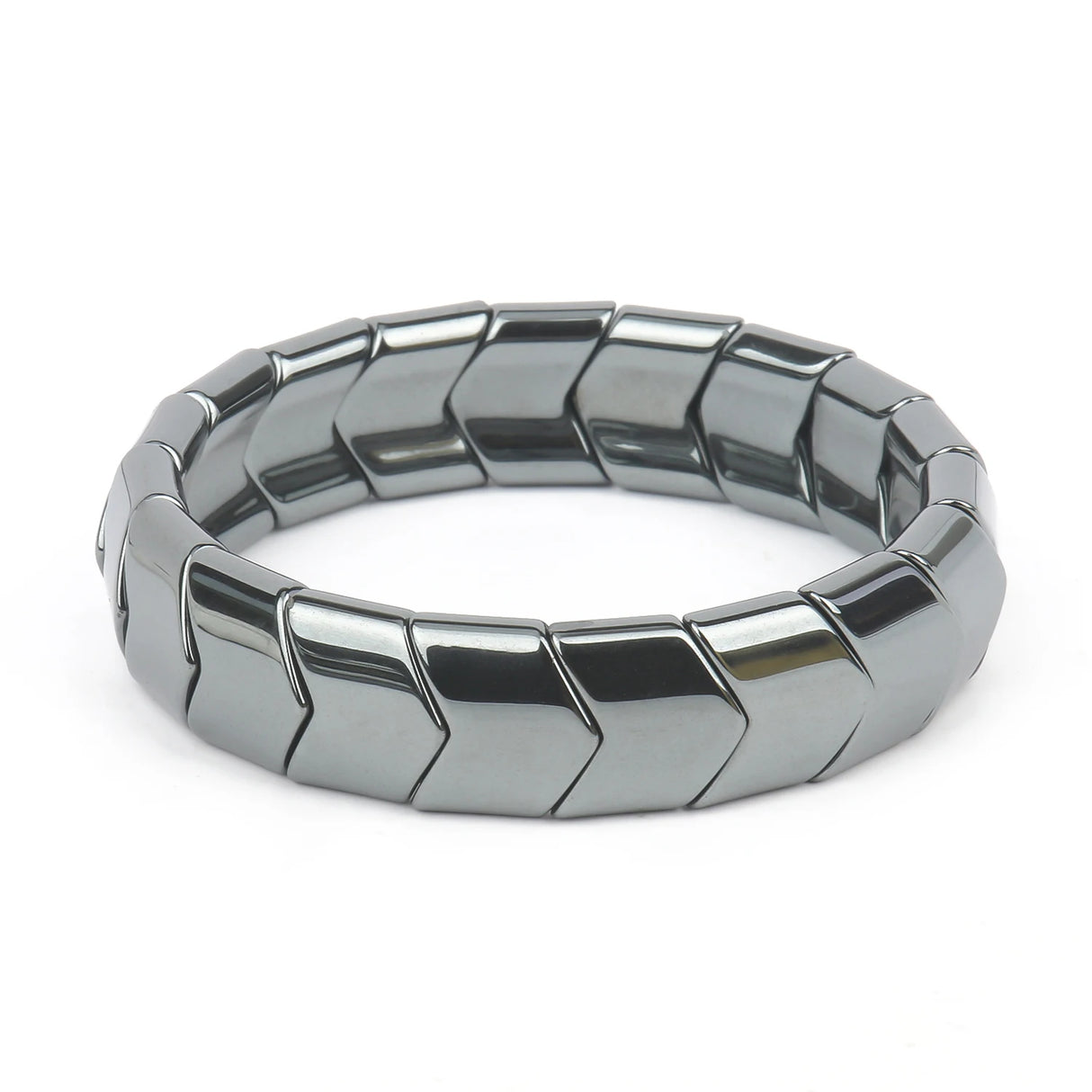 Silver metallic bracelet on a white background