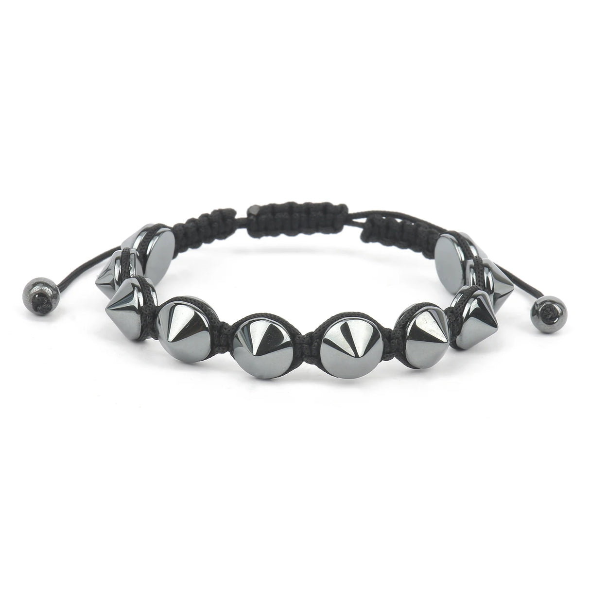 Black braided bracelet with silver pyramid beads on a white background