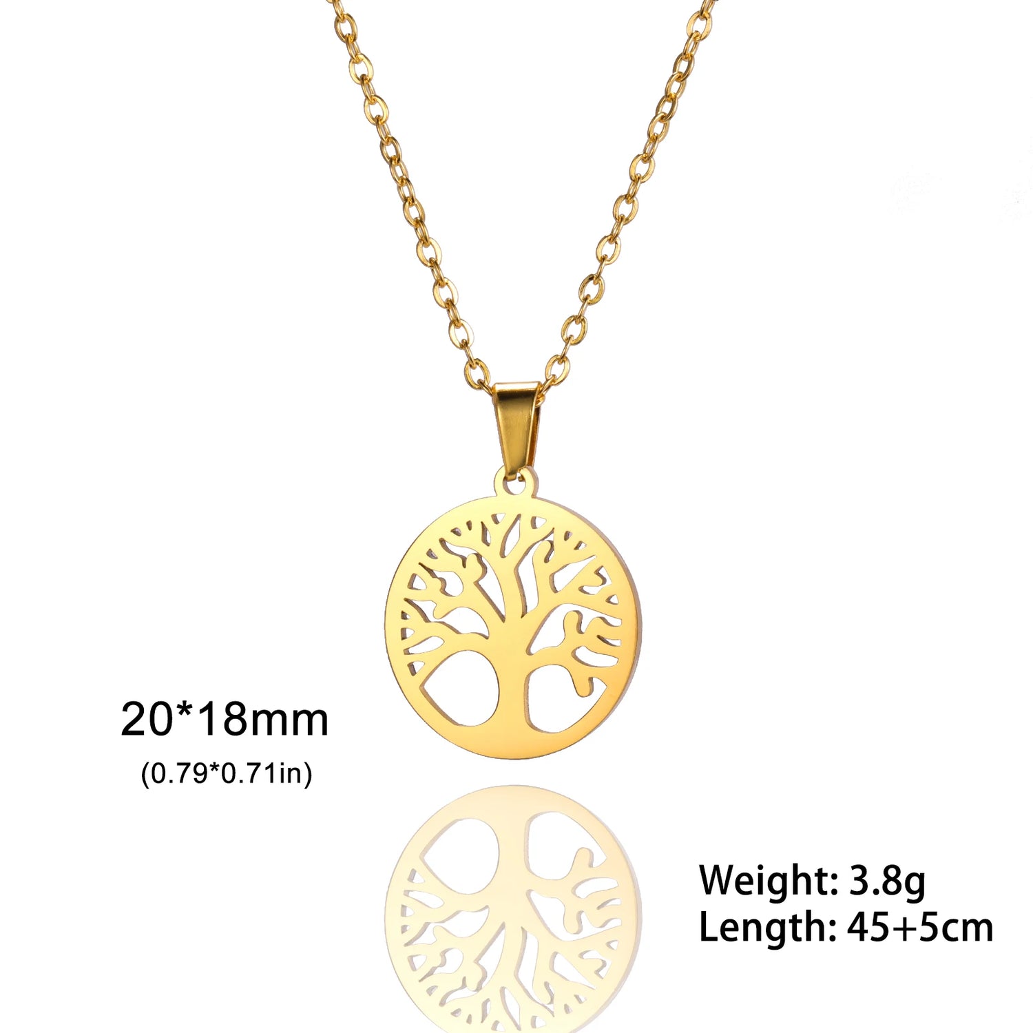 Gold tree-shaped pendant necklace with measurements and weight on a white background