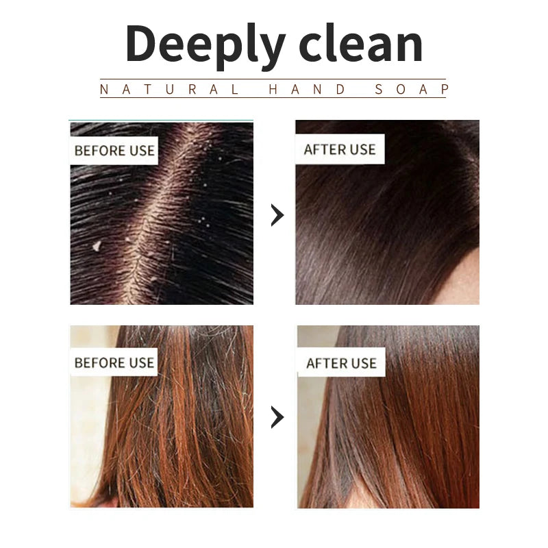 Before and after use of natural hand soap on hair, showing a deep clean effect.