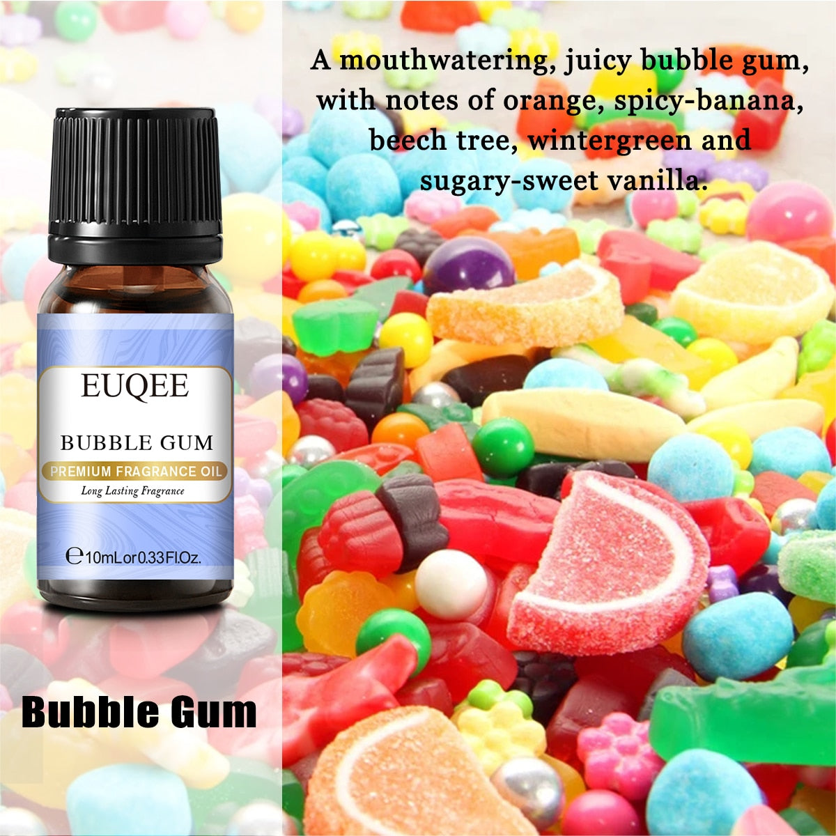 EUQEE bubble gum fragrance oil bottle with colorful candy background