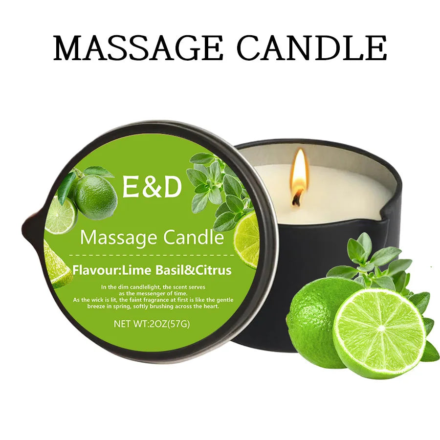Massage candle with green label featuring lime and basil, surrounded by limes on a white background.