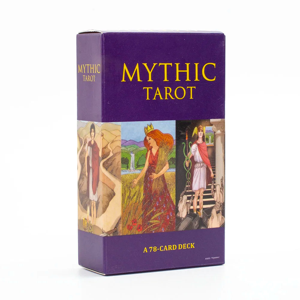 Mythic Tarot box with purple cover and tarot card illustrations on a white background