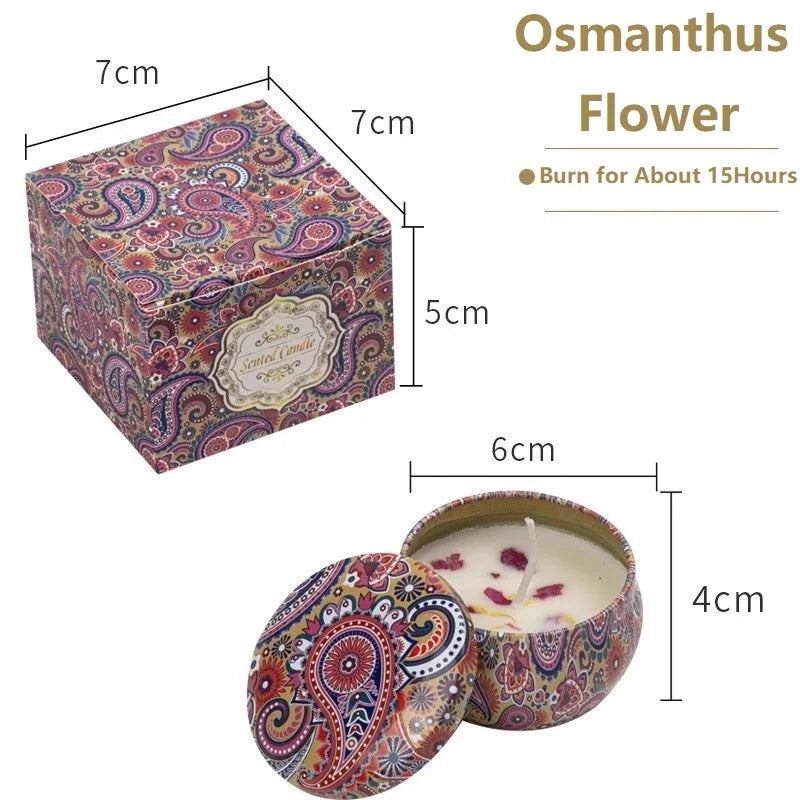 Decorative candle in a patterned tin with dimensions and product details on a white background