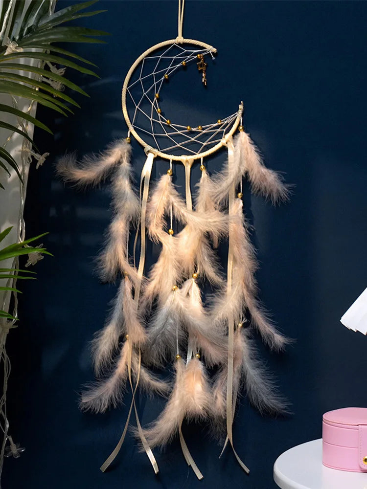 Dreamcatcher with feathers against a dark blue wall