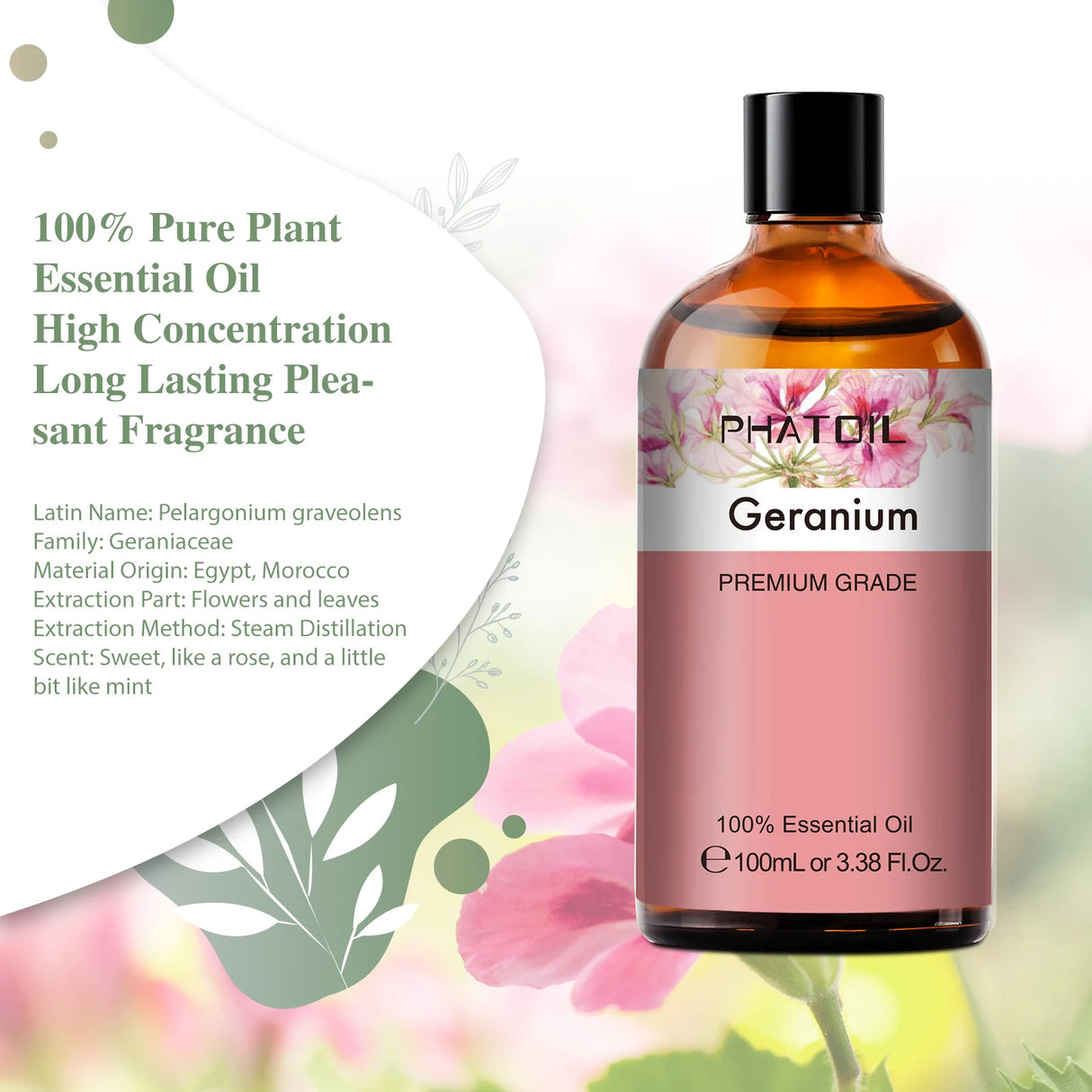 Bottle of Phat Oil Geranium essential oil with floral design on a white background