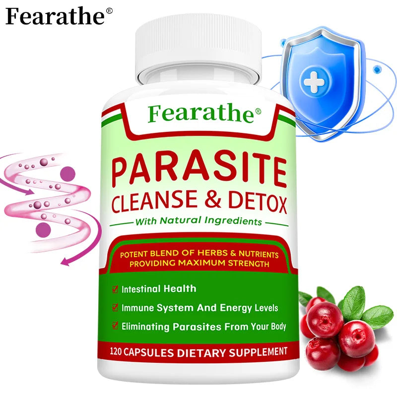 Supplement bottle labeled 'Parasite Cleanse & Detox' with natural ingredients on a white background.