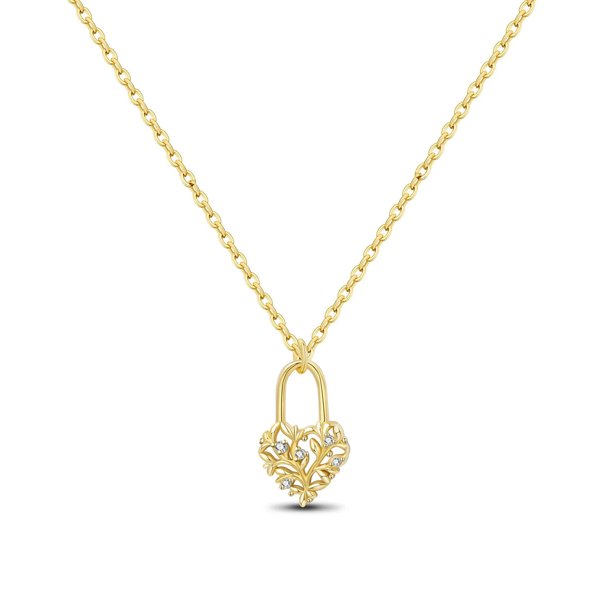 Gold necklace with a heart-shaped pendant on a white background