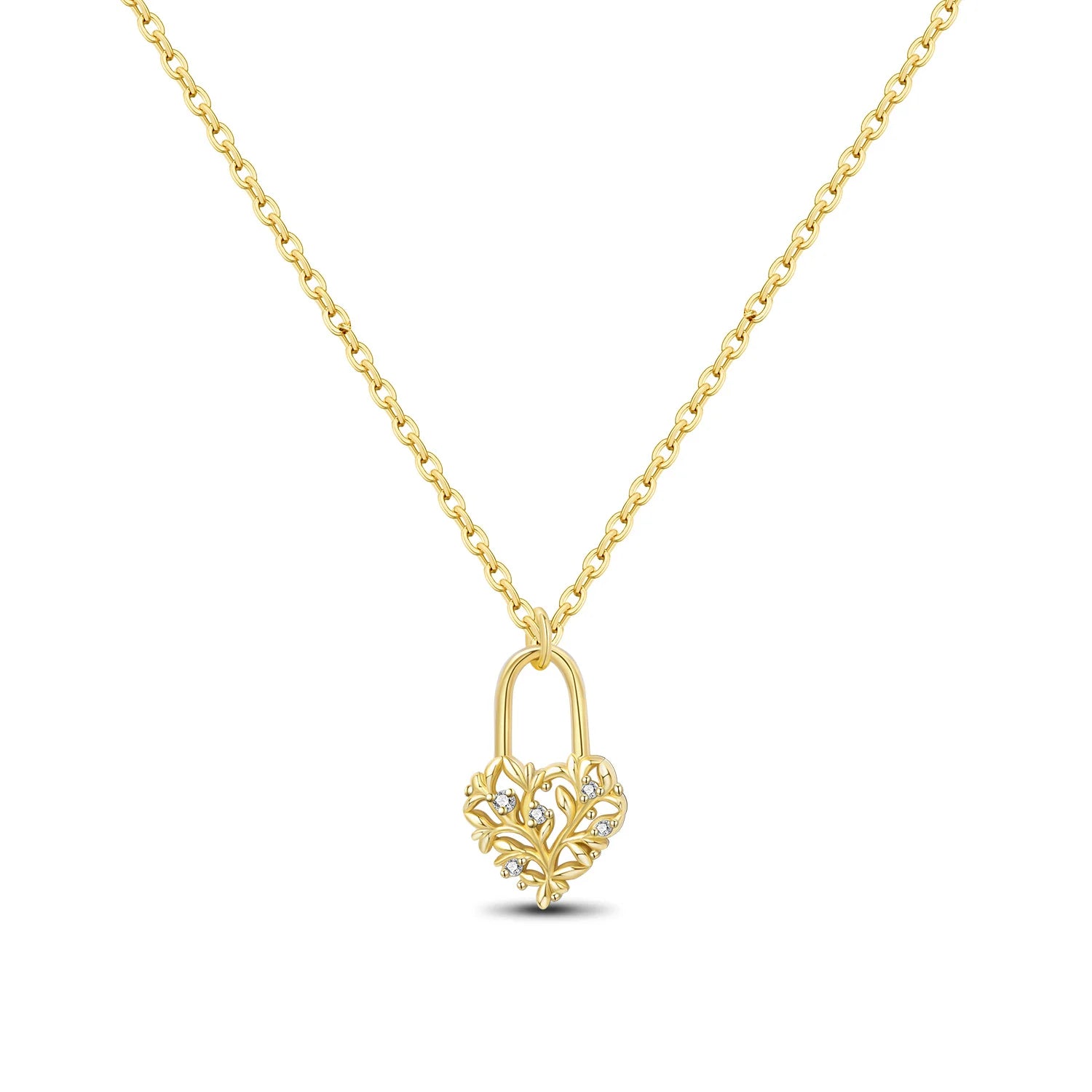 Gold necklace with a heart-shaped pendant on a white background
