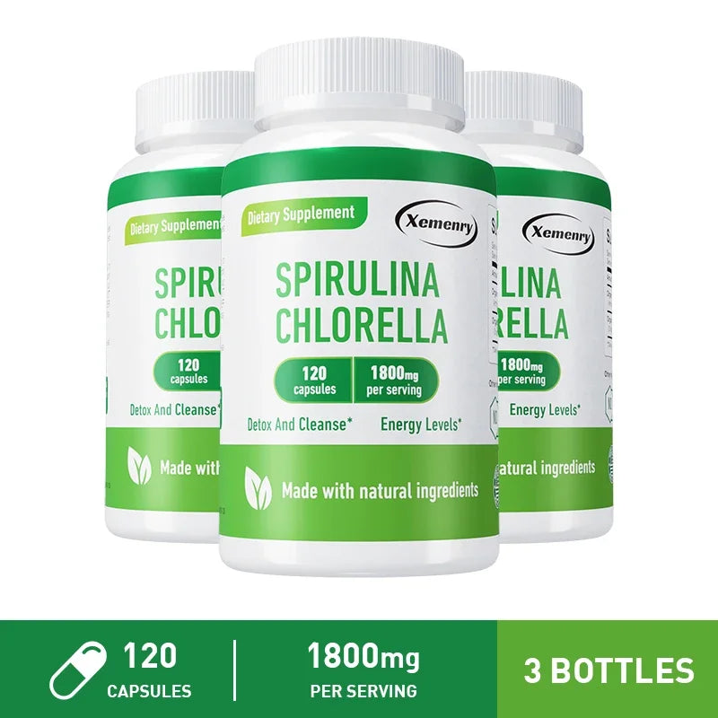 Three bottles of Xemeny Spirulina Chlorella supplement on a white background